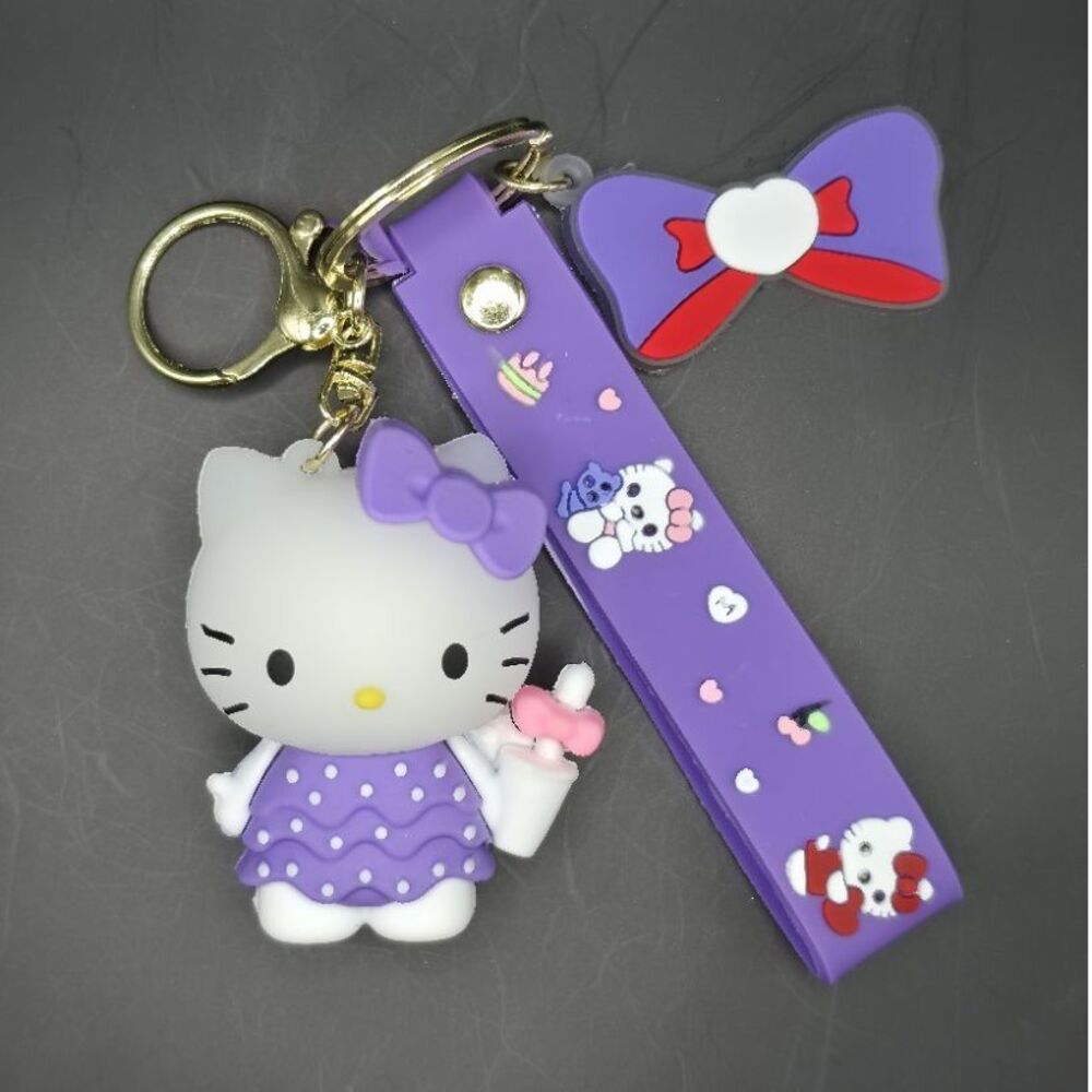 Hello Kitty Purple White Plastic Keychain Detachable Keyring Cartoon Modern Era